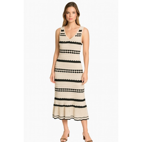 Joie Dresses & Skirts - Joie Women's Knit Sweater Dress Size L Striped Sleeveless Midi Tan White Black